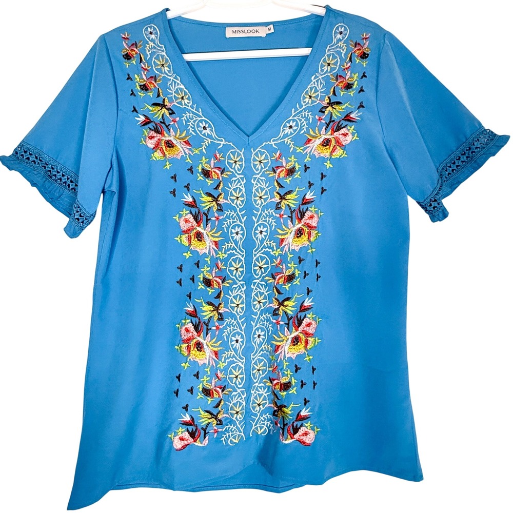 MISSLOOK Women's M Blue Embroidered Floral Boho V Neck Ruffle Sleeve Top